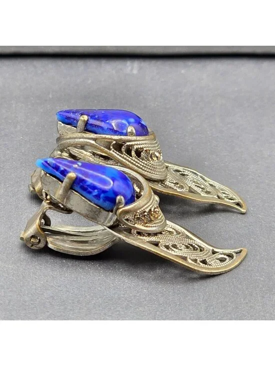 Vintage West German Silver Filigree Clip On Earrings Blue Art Glass 1950s - Picture 4 of 10